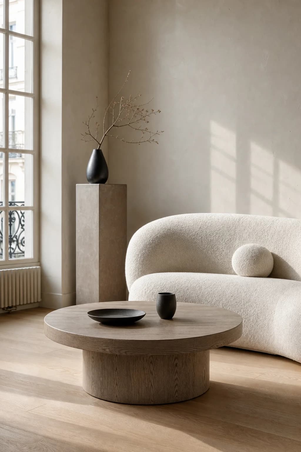A greige oak pedestal coffee table and ivory boucle sofa in a sunlit room