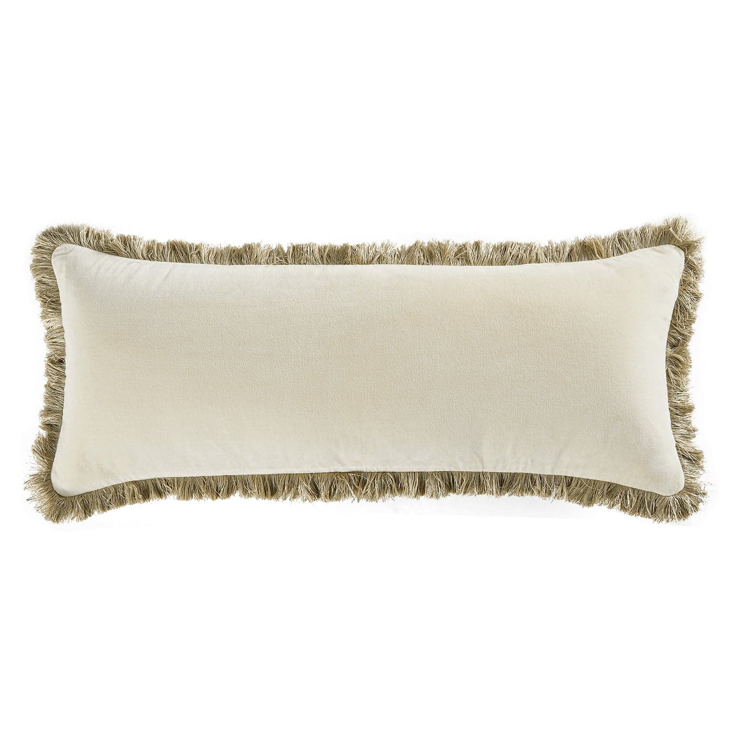 Kyra Oyster White Cotton Velvet Natural Fringed Lumbar Cushion